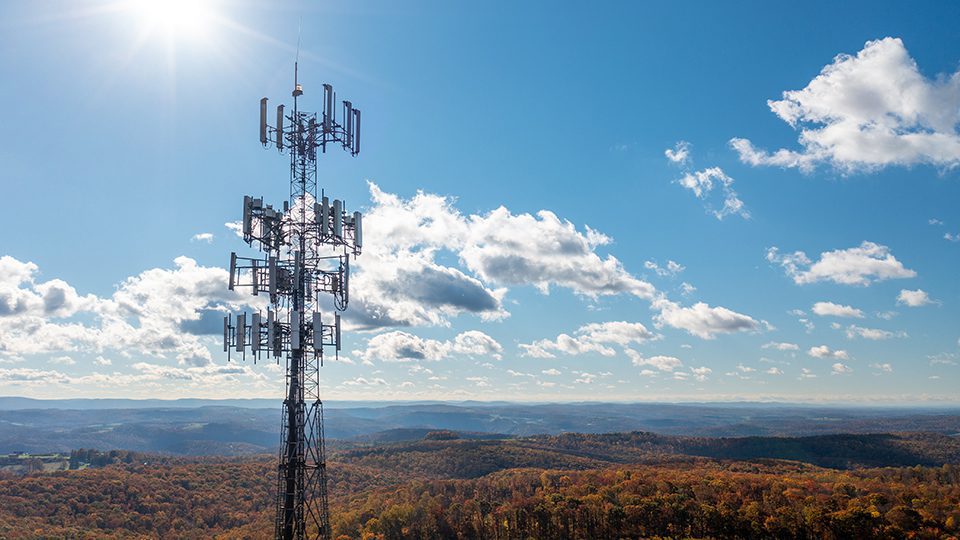 Cell phone or mobile service tower in forested area of West Virginia providing broadband service