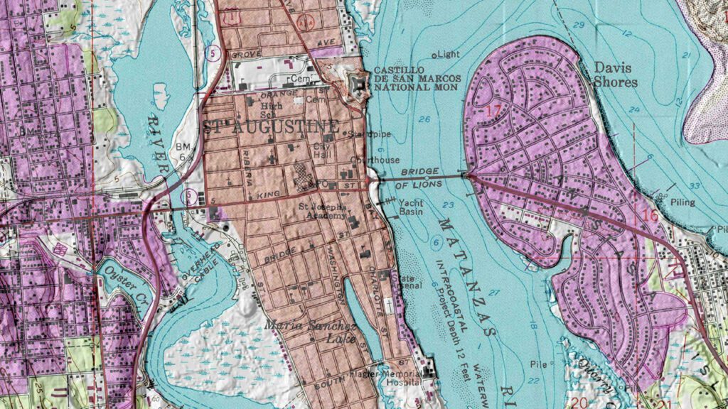 This image represents a modern USGS Topographic Map with the digital elevation model-derived hillshade overlain to get a better demonstration of the topography of St. Augustine in a commonly-accessed map resource.