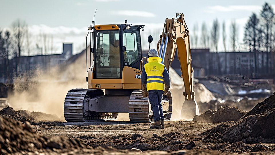 man in hi-vis jacket beside a digger