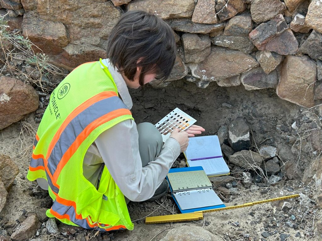 Lisa Snape takes notes in the field.