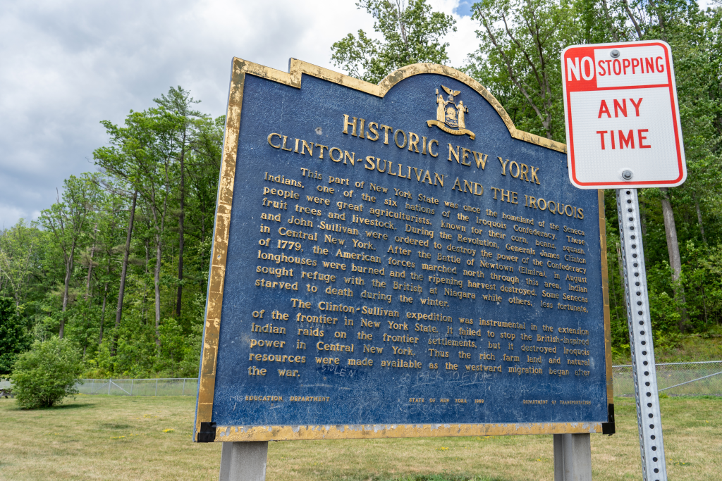 Historic New York sign at a rest area on the Southern Tier Expressway tells of Generals James Clinton and John Sullivan in their campaign against the Iroquois Indians. (Photo by Rosemarie Mosteller)