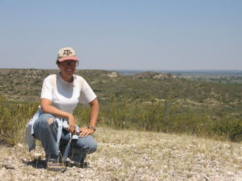 Dr. Luchsinger shares a smile of relief toward the end of six months of solo fieldwork in 2005 for finally reconstructing the Late Pleistocene and Holocene landscape history of a 150 kilometer segment of the largest river crossing in Patagonia, Argentina, and determining where archaeological sites should be buried and where they are likely absent. Dr. Luchsinger integrated her work with her Argentinian colleague, Archaeologist Dr. Luciano Prates, who conducted surveys and excavations in this same study region.