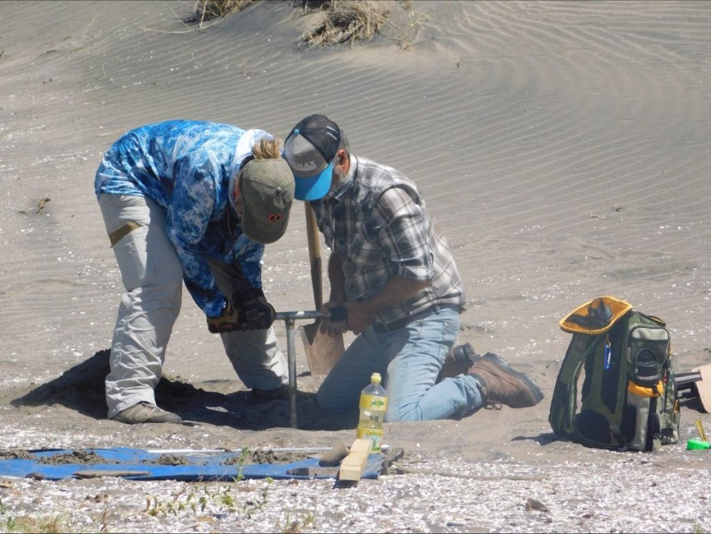 Dr. Luchsinger hand augering in 2024 during excavation at the Pozzobon I site on the coast of Northern Patagonia with her Argentinian colleague Dr. Gustavo Martinez. Dr. Luchsinger reconstructed the regional landscape history for the Holocene, taking into account significant changes in the coastline due to sea level transgression along an approximately 200-mile-wide portion of the eastern continental shelf.